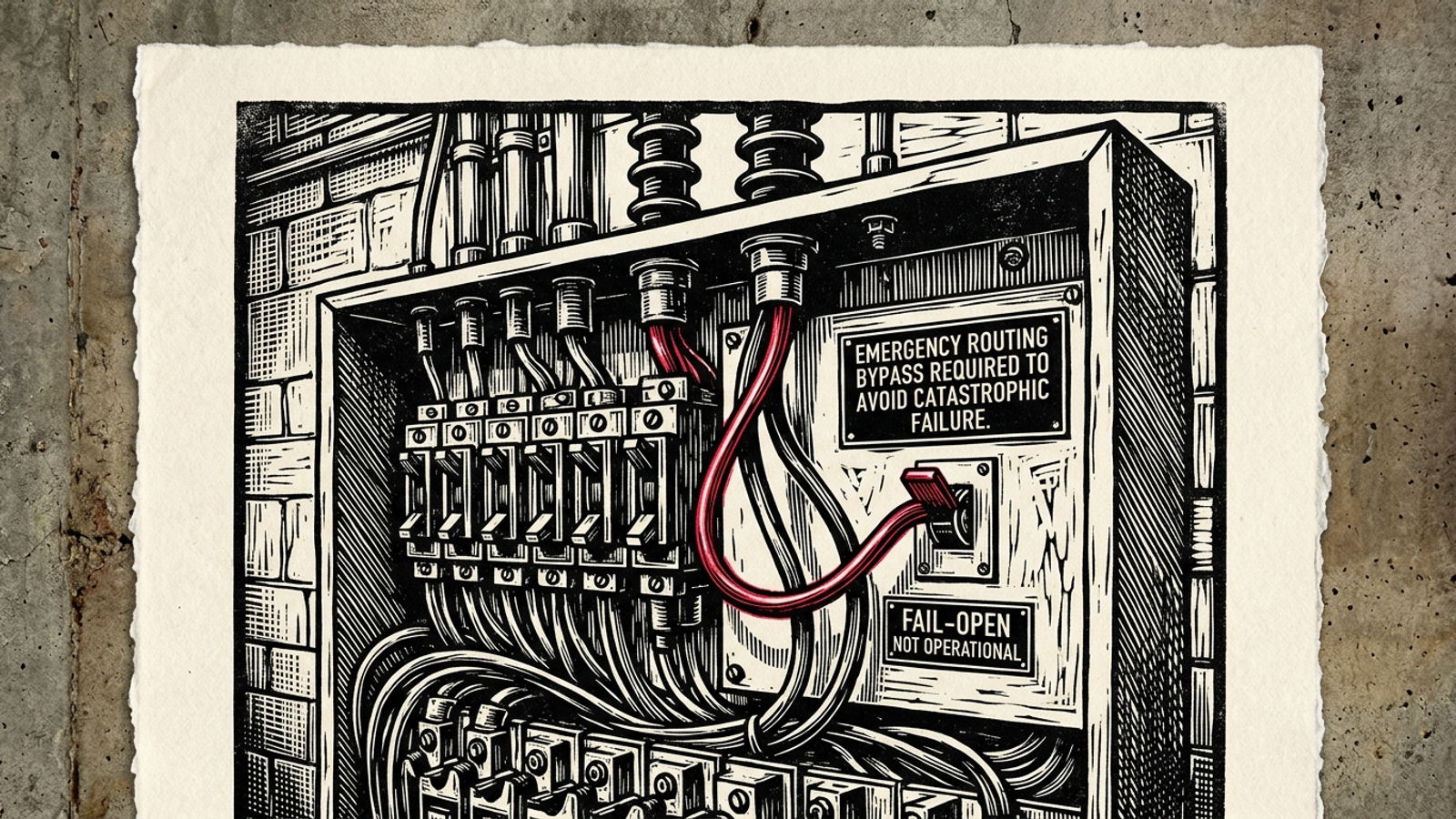 Linocut illustration of an industrial fuse box with a glowing bypass wire