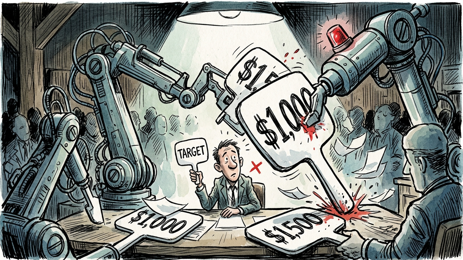 Cartoon auction paddle labeled Target held up at a Google Ads auction while bids fly past